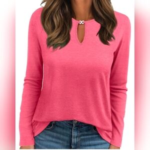 Pink Rose Long Sleeve Top Keyhole Neck Crew Neck Infinity Ring Cut Out Design